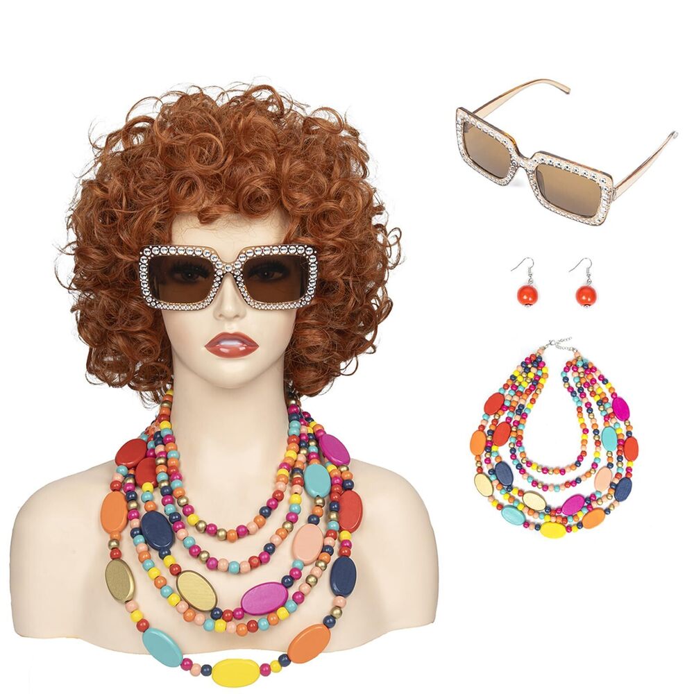 2565 Short Curly Orange Red Wig With Necklace Earrings